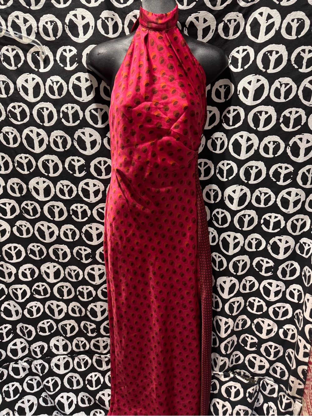 Zara Fuchsia Halter Maxi Dress with Black Dot Print